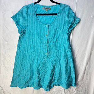Flax Dress Womens Size P Blue Striped Linen Shift Lagenlook Coastal Beach